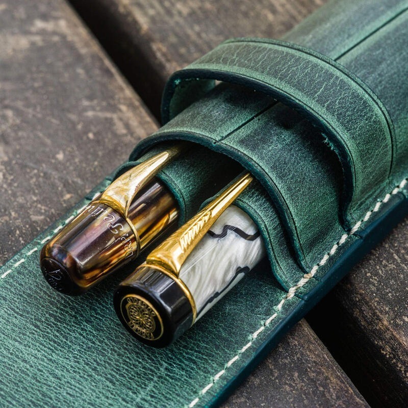 土耳其 GALEN LEATHER 2支入上掀式筆袋: 森林綠-細節圖3