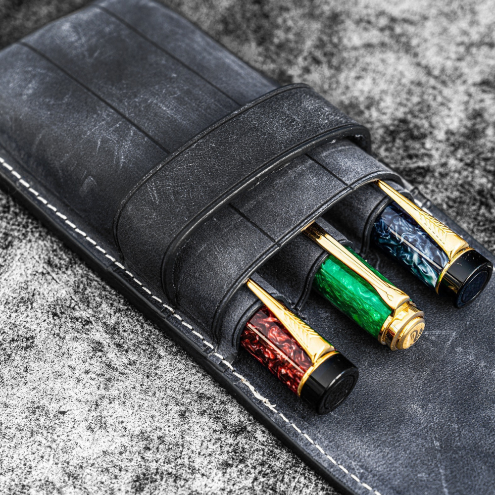 土耳其 GALEN LEATHER 3支入上掀式筆袋: 海軍藍-細節圖3