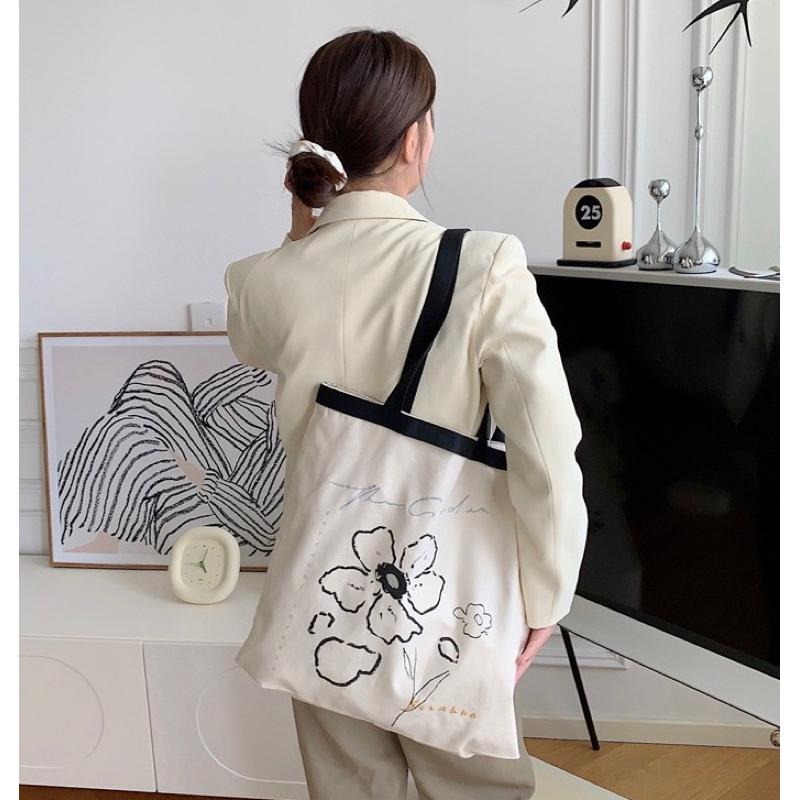質感韓版印花帆布包 新款繪畫款手提單肩兩用包 托特包 大學生單肩包 百搭時尚造型 撞色背帶很特別 文青風小清新 鬱金香🌷-細節圖2