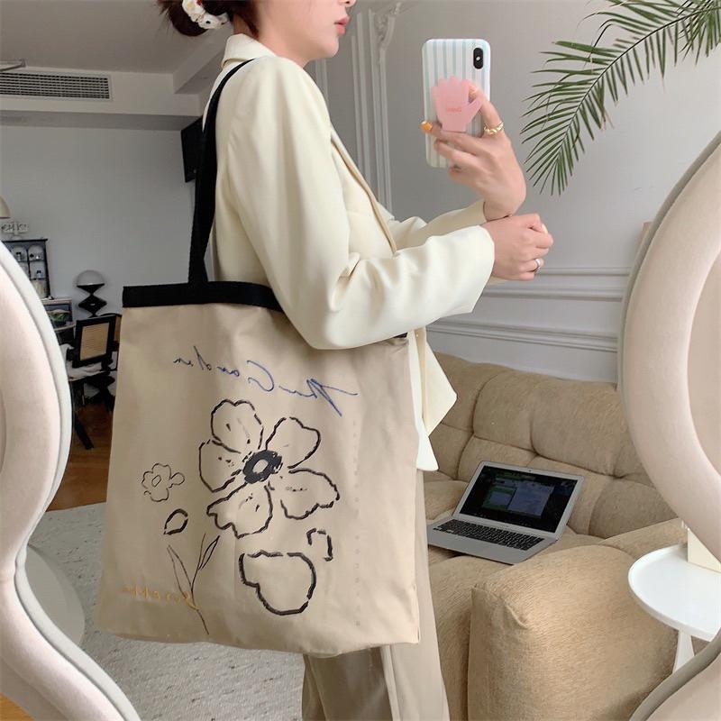 質感韓版印花帆布包 新款繪畫款手提單肩兩用包 托特包 大學生單肩包 百搭時尚造型 撞色背帶很特別 文青風小清新 鬱金香🌷-細節圖8