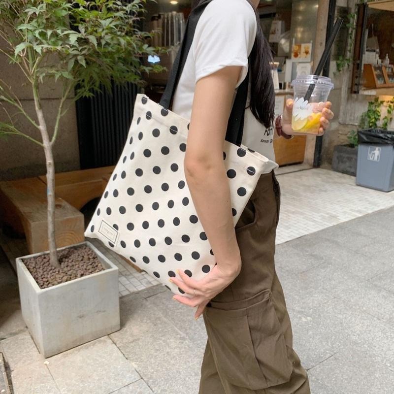 法式波點風單肩帆布包手提包 單肩包 波點控 可愛點點 簡約 環保袋購物袋 小清新文青 復古波點點 時尚 百搭撞色 原胚布-細節圖2