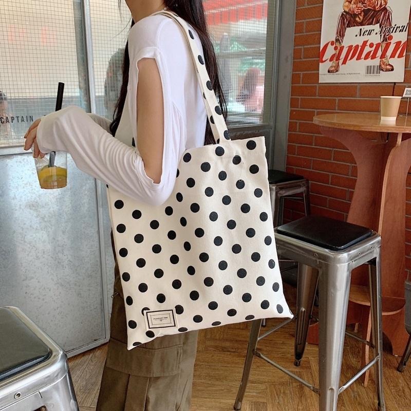 法式波點風單肩帆布包手提包 單肩包 波點控 可愛點點 簡約 環保袋購物袋 小清新文青 復古波點點 時尚 百搭撞色 原胚布-細節圖3