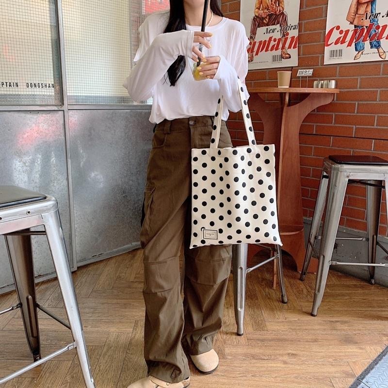 法式波點風單肩帆布包手提包 單肩包 波點控 可愛點點 簡約 環保袋購物袋 小清新文青 復古波點點 時尚 百搭撞色 原胚布-細節圖4