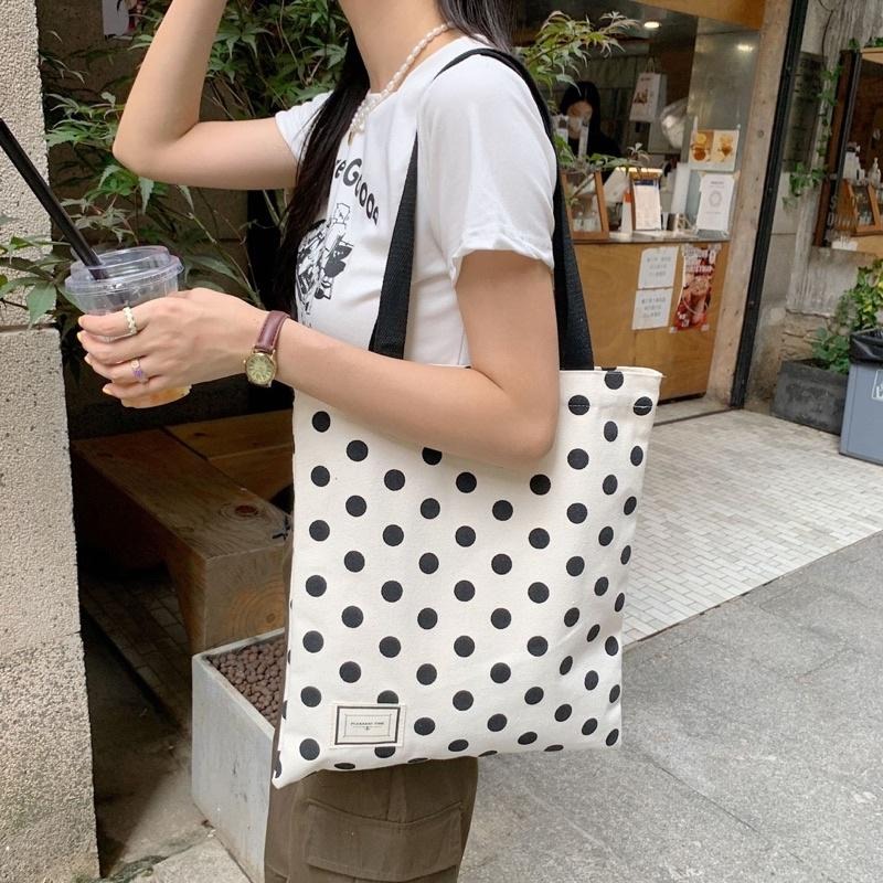法式波點風單肩帆布包手提包 單肩包 波點控 可愛點點 簡約 環保袋購物袋 小清新文青 復古波點點 時尚 百搭撞色 原胚布-細節圖8