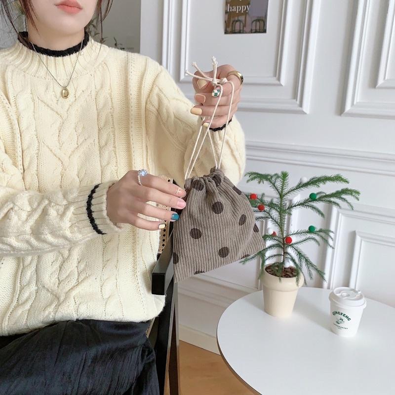 波點笑臉款燈芯絨抽繩束口袋 可愛手拎包 小布包 衛生棉包 3C包 日系 包內整理袋 禮品袋 雜物收納分類 加厚 顏色好看-細節圖2