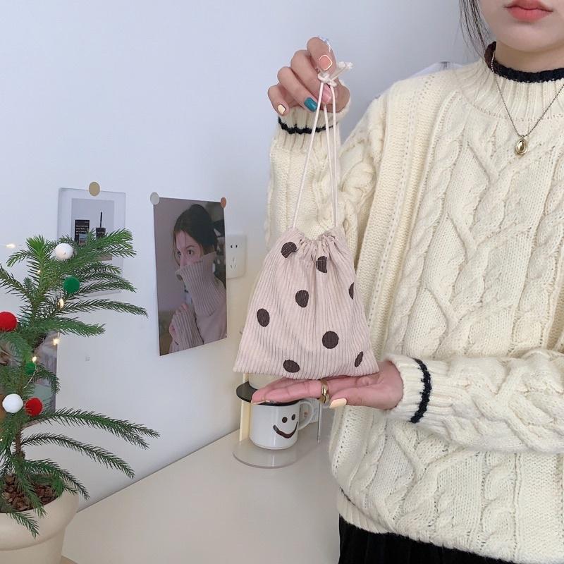 波點笑臉款燈芯絨抽繩束口袋 可愛手拎包 小布包 衛生棉包 3C包 日系 包內整理袋 禮品袋 雜物收納分類 加厚 顏色好看-細節圖3