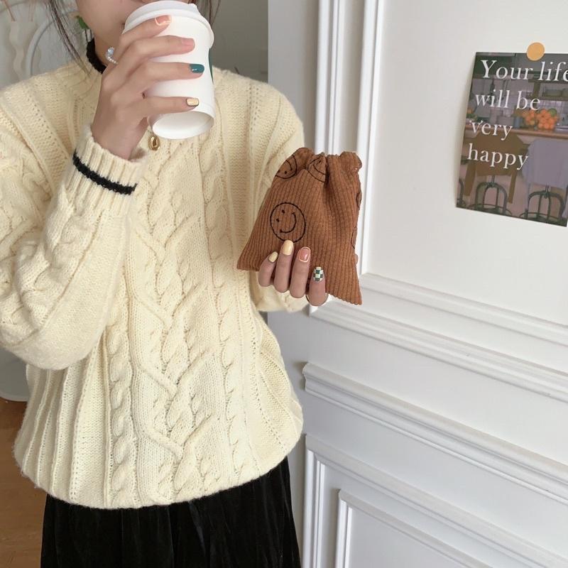 波點笑臉款燈芯絨抽繩束口袋 可愛手拎包 小布包 衛生棉包 3C包 日系 包內整理袋 禮品袋 雜物收納分類 加厚 顏色好看-細節圖8