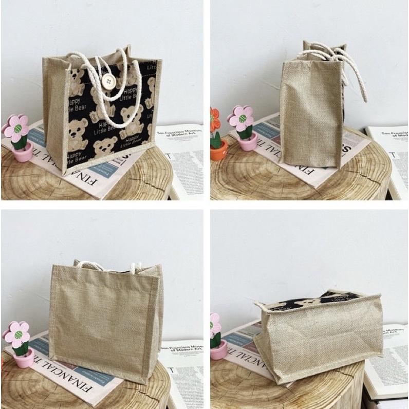 小熊款棉麻手提包 購物袋 輕巧方便攜帶 小清新 飯盒包 便當包 手拎包 日系 學生適用 森系-細節圖2