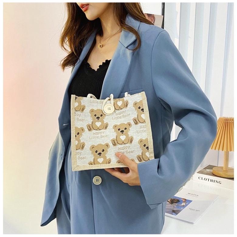 小熊款棉麻手提包 購物袋 輕巧方便攜帶 小清新 飯盒包 便當包 手拎包 日系 學生適用 森系-細節圖3