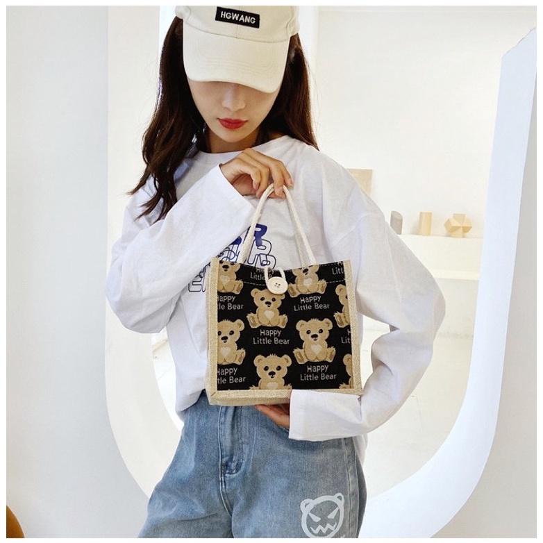 小熊款棉麻手提包 購物袋 輕巧方便攜帶 小清新 飯盒包 便當包 手拎包 日系 學生適用 森系-細節圖4