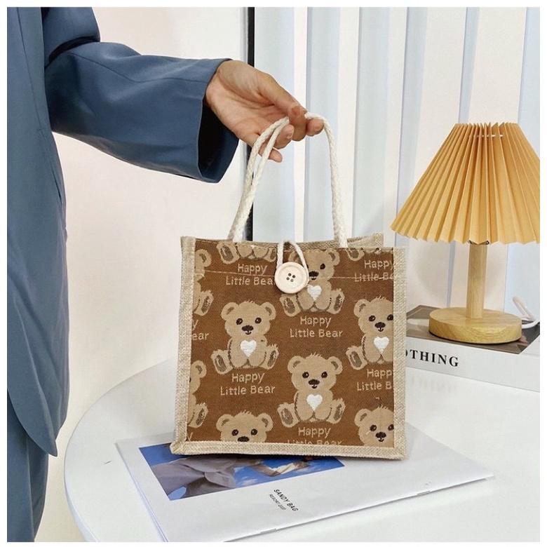小熊款棉麻手提包 購物袋 輕巧方便攜帶 小清新 飯盒包 便當包 手拎包 日系 學生適用 森系-細節圖5