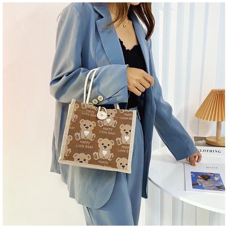 小熊款棉麻手提包 購物袋 輕巧方便攜帶 小清新 飯盒包 便當包 手拎包 日系 學生適用 森系-細節圖6