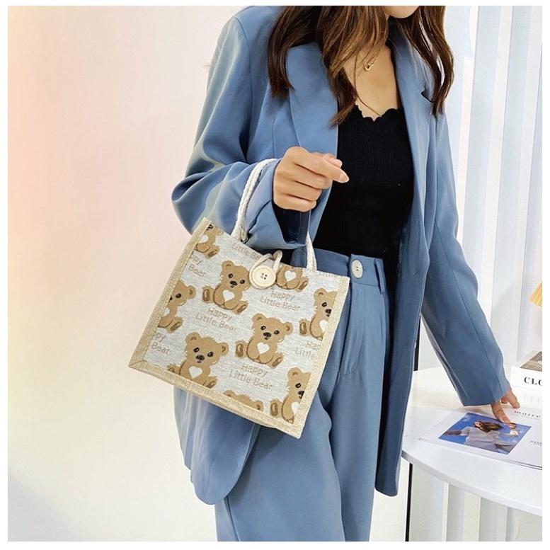 小熊款棉麻手提包 購物袋 輕巧方便攜帶 小清新 飯盒包 便當包 手拎包 日系 學生適用 森系-細節圖7