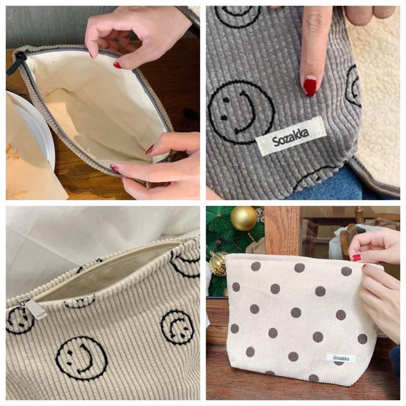 條紋燈芯絨笑臉波點化妝包 復古笑臉收納包 包中包 洗漱手拿包 鑰匙手機錢包 質感雙層設計筆袋 有內裡 加厚帆布 多功能-細節圖2