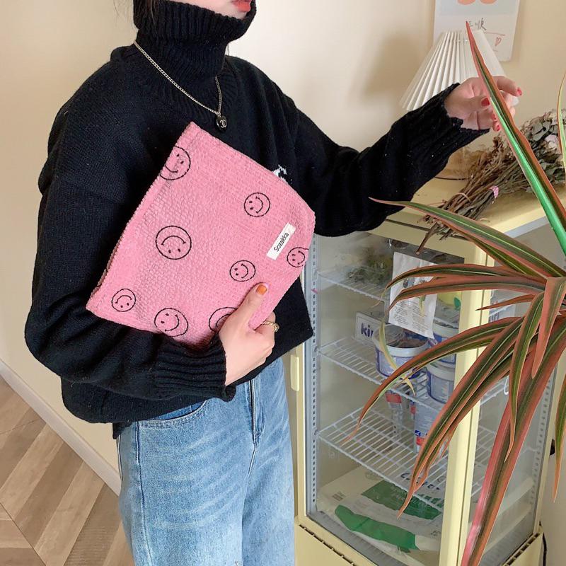 條紋燈芯絨笑臉波點化妝包 復古笑臉收納包 包中包 洗漱手拿包 鑰匙手機錢包 質感雙層設計筆袋 有內裡 加厚帆布 多功能-細節圖3