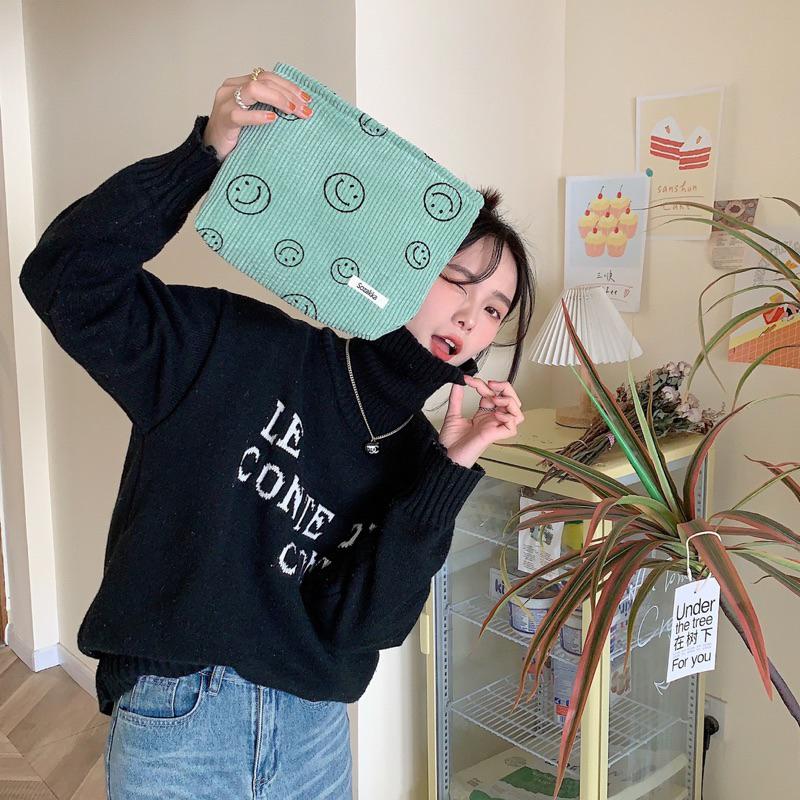 條紋燈芯絨笑臉波點化妝包 復古笑臉收納包 包中包 洗漱手拿包 鑰匙手機錢包 質感雙層設計筆袋 有內裡 加厚帆布 多功能-細節圖4