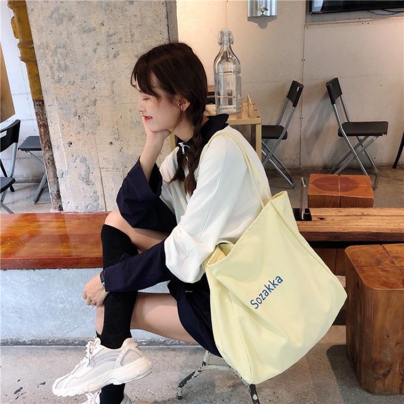 新款刺繡撞色英文字母帆布包 素色百搭款 大容量 肩背包 側背包帆布包 細肩帶 休閒購物袋 加厚帆布 糖果色 小清新-細節圖2