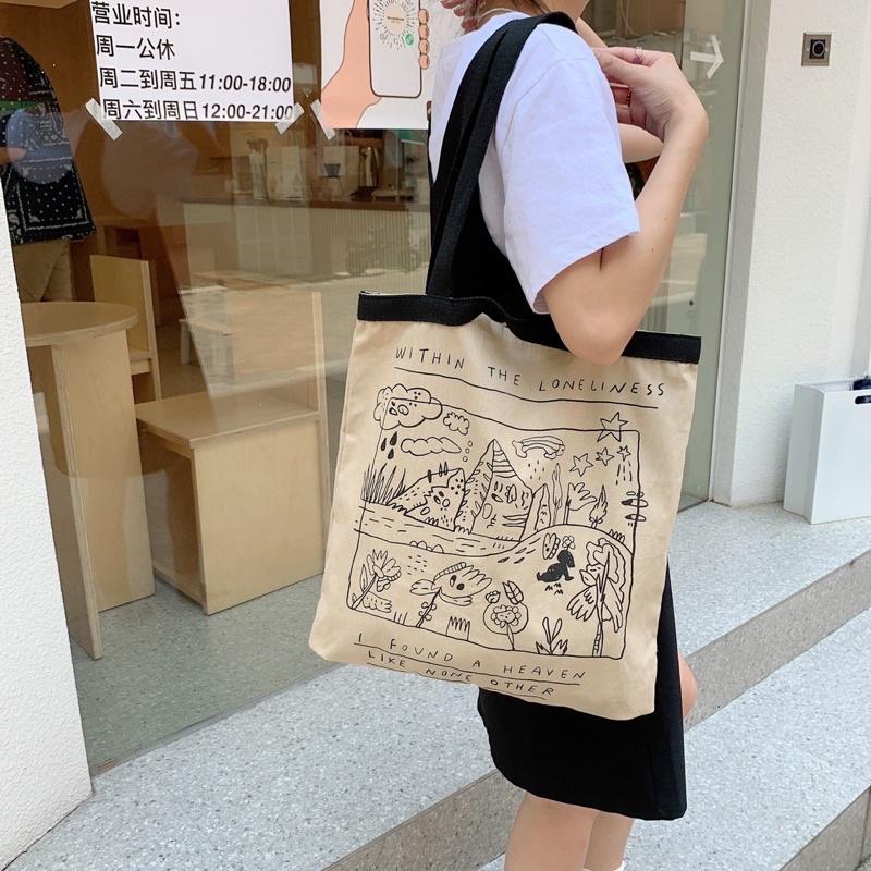 新款ins風塗鴉單肩手提兩用帆布包 開口加強滾邊 大學生適用 單肩包 手提包 兩用托特包 大包包手提布包斜背包可愛側背包-細節圖4