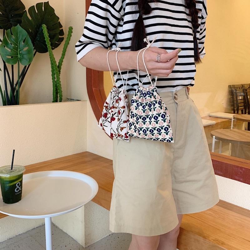 燈芯絨款印花抽繩束口袋 可愛手拎包 小布包 衛生棉包 3C包 日系大包內整理袋 禮品袋 雜物收納分類 復古風 厚帆布-細節圖6