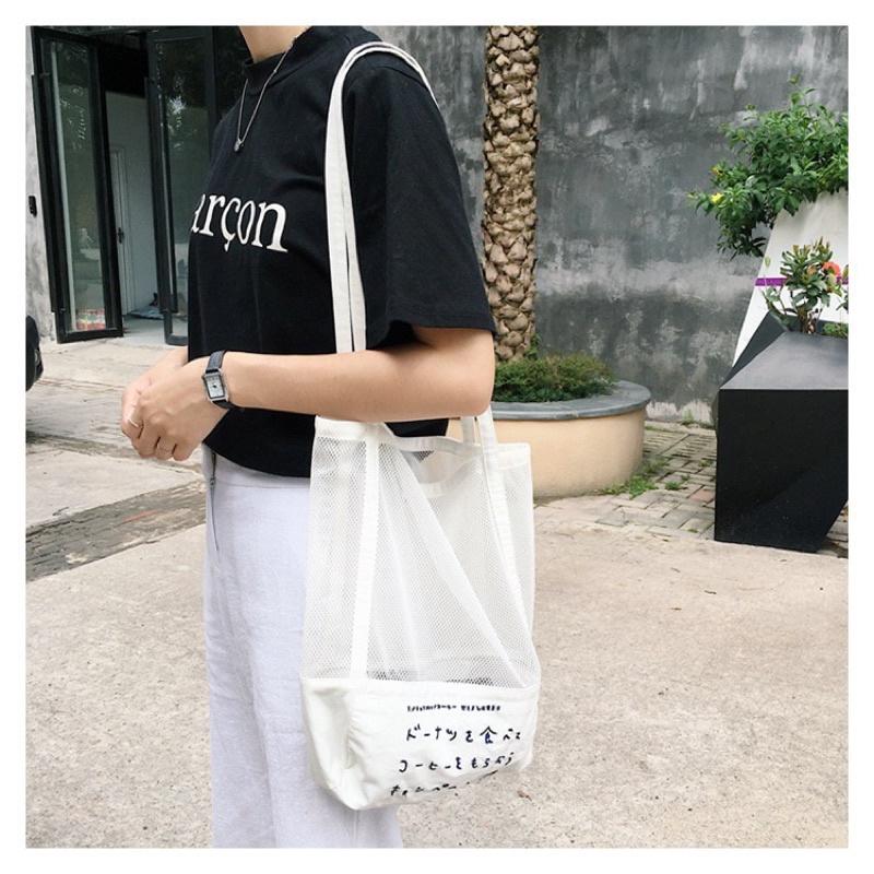 細網眼日文字刺繡單肩包 沙灘包 帆布包 透視感 鏤空購物袋 小清新造型 隨性百搭 日雜款 簡單可愛 托特包 海邊遊玩-細節圖3