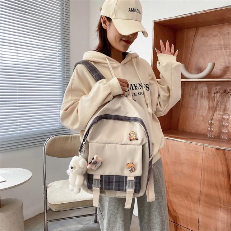 日系郵差格紋拼接後背包書包 大容量 口袋多好收納 韓版原宿ins校園風 高中 國中 雙肩包格子 牛津布 帆布包 可掛配飾-細節圖2