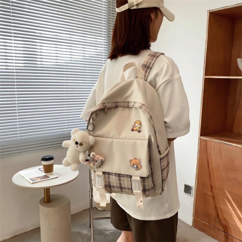 日系郵差格紋拼接後背包書包 大容量 口袋多好收納 韓版原宿ins校園風 高中 國中 雙肩包格子 牛津布 帆布包 可掛配飾-細節圖5