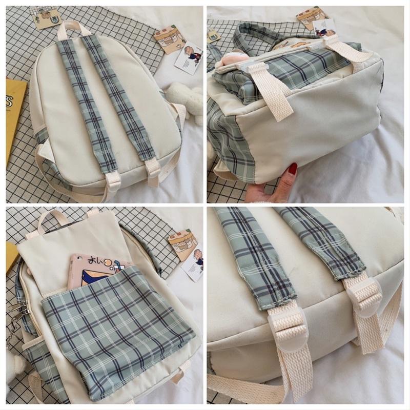 日系郵差格紋拼接後背包書包 大容量 口袋多好收納 韓版原宿ins校園風 高中 國中 雙肩包格子 牛津布 帆布包 可掛配飾-細節圖6