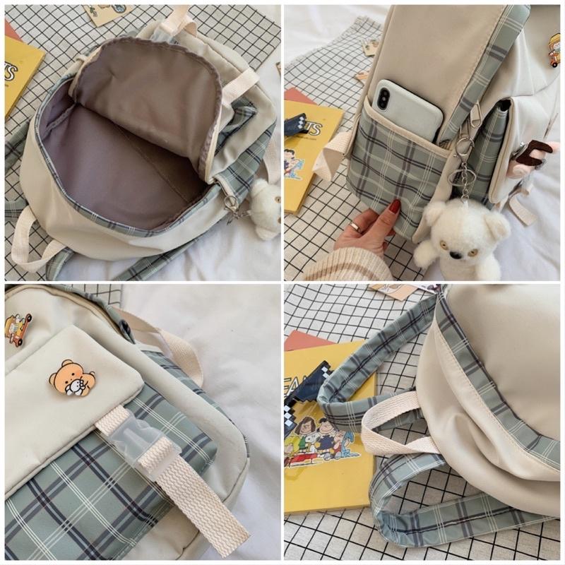 日系郵差格紋拼接後背包書包 大容量 口袋多好收納 韓版原宿ins校園風 高中 國中 雙肩包格子 牛津布 帆布包 可掛配飾-細節圖7