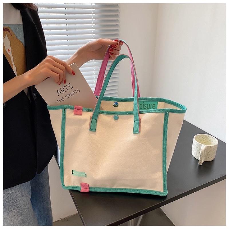 韓版Just for you彩色織帶滾邊車縫線帆布包 磁扣內袋 加厚帆布 大容量百搭側背跳色撞色托特包 單肩包手提包包-細節圖2