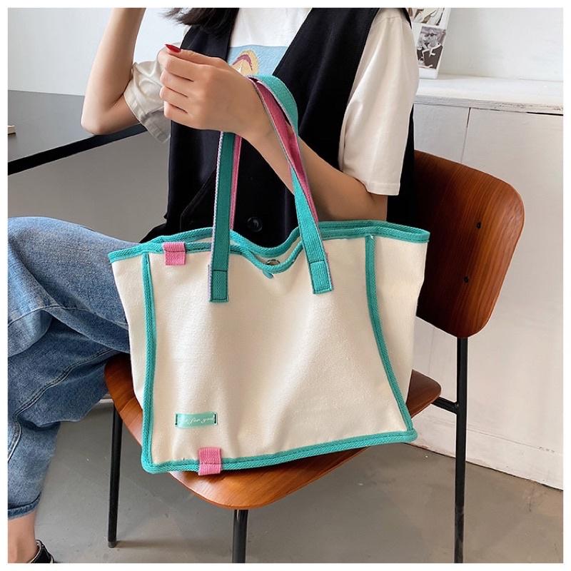 韓版Just for you彩色織帶滾邊車縫線帆布包 磁扣內袋 加厚帆布 大容量百搭側背跳色撞色托特包 單肩包手提包包-細節圖5