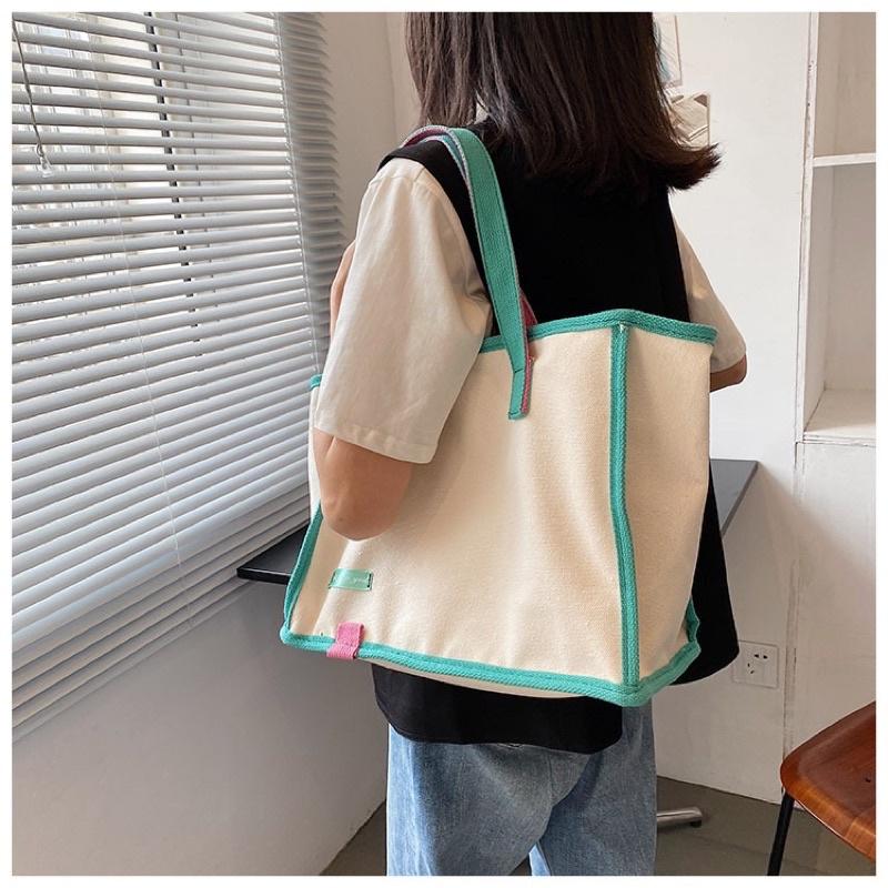 韓版Just for you彩色織帶滾邊車縫線帆布包 磁扣內袋 加厚帆布 大容量百搭側背跳色撞色托特包 單肩包手提包包-細節圖6