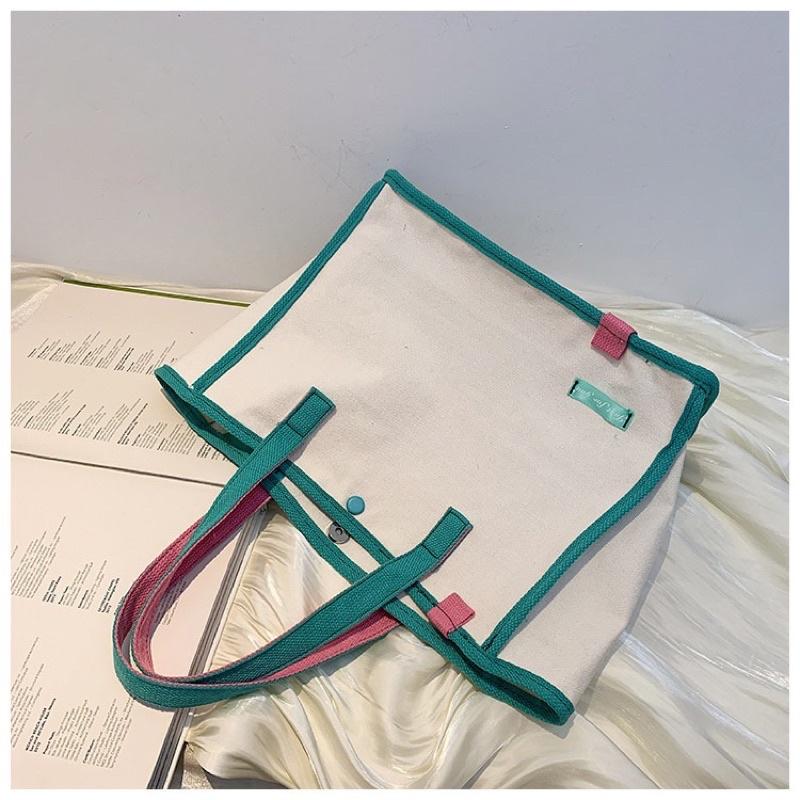 韓版Just for you彩色織帶滾邊車縫線帆布包 磁扣內袋 加厚帆布 大容量百搭側背跳色撞色托特包 單肩包手提包包-細節圖7