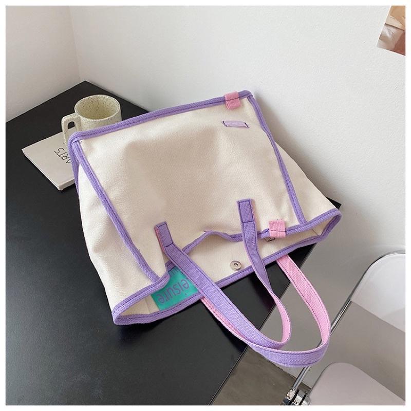 韓版Just for you彩色織帶滾邊車縫線帆布包 磁扣內袋 加厚帆布 大容量百搭側背跳色撞色托特包 單肩包手提包包-細節圖8