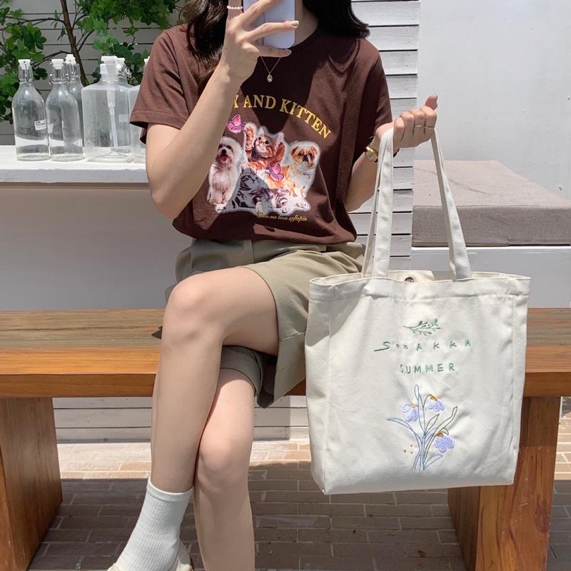 簡約時尚小清新刺繡花朵帆布包 學生上課托特包 側邊加寬 加厚帆布 手提布袋 上班 肩背包 時尚 特別款 可放放A4-細節圖6