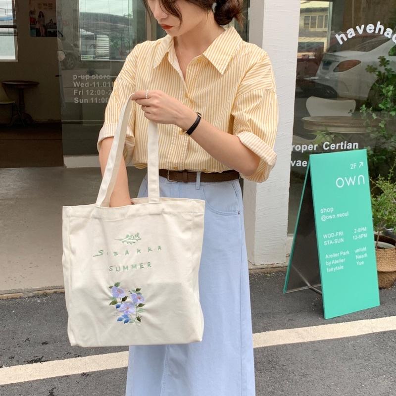 簡約時尚小清新刺繡花朵帆布包 學生上課托特包 側邊加寬 加厚帆布 手提布袋 上班 肩背包 時尚 特別款 可放放A4-細節圖7