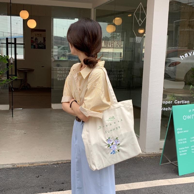 簡約時尚小清新刺繡花朵帆布包 學生上課托特包 側邊加寬 加厚帆布 手提布袋 上班 肩背包 時尚 特別款 可放放A4-細節圖8