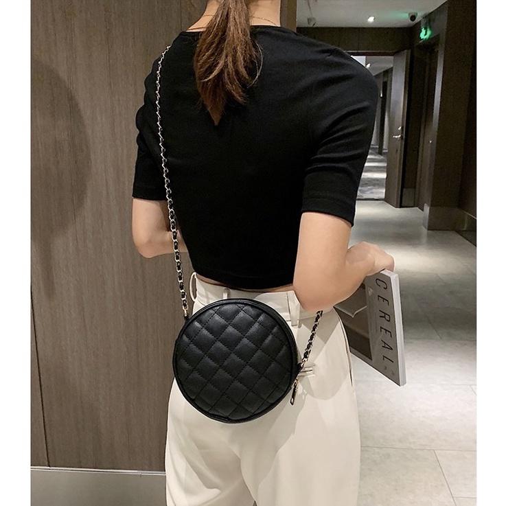 韓國 新款可愛迷你菱格小香風 鏈條包 小圓形包 圓餅包 單肩斜挎包 立體造型 PU皮 小巧 百搭 方便攜帶 氣質款-細節圖3