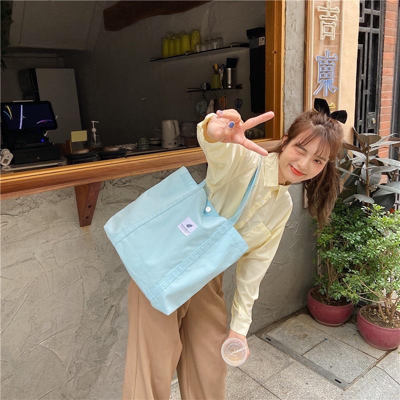 純色素色小清新帆布包簡約文藝復古森系女單肩包 托特包 百搭 慵懶時尚 多色可選 簡單logo 斜背包 側背包手提包購物袋-細節圖4