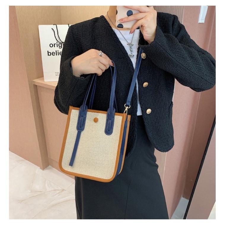 新款拼接PU滾邊帆布手拎肩背兩用包 立體不軟塌 百搭斜挎包時尚設計感單肩包手提托特包 撞色拼色斜紋加厚帆布 肩帶可拆卸-細節圖2