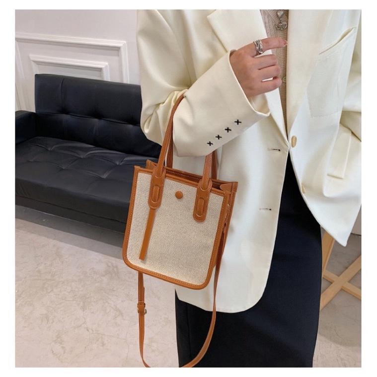 新款拼接PU滾邊帆布手拎肩背兩用包 立體不軟塌 百搭斜挎包時尚設計感單肩包手提托特包 撞色拼色斜紋加厚帆布 肩帶可拆卸-細節圖3