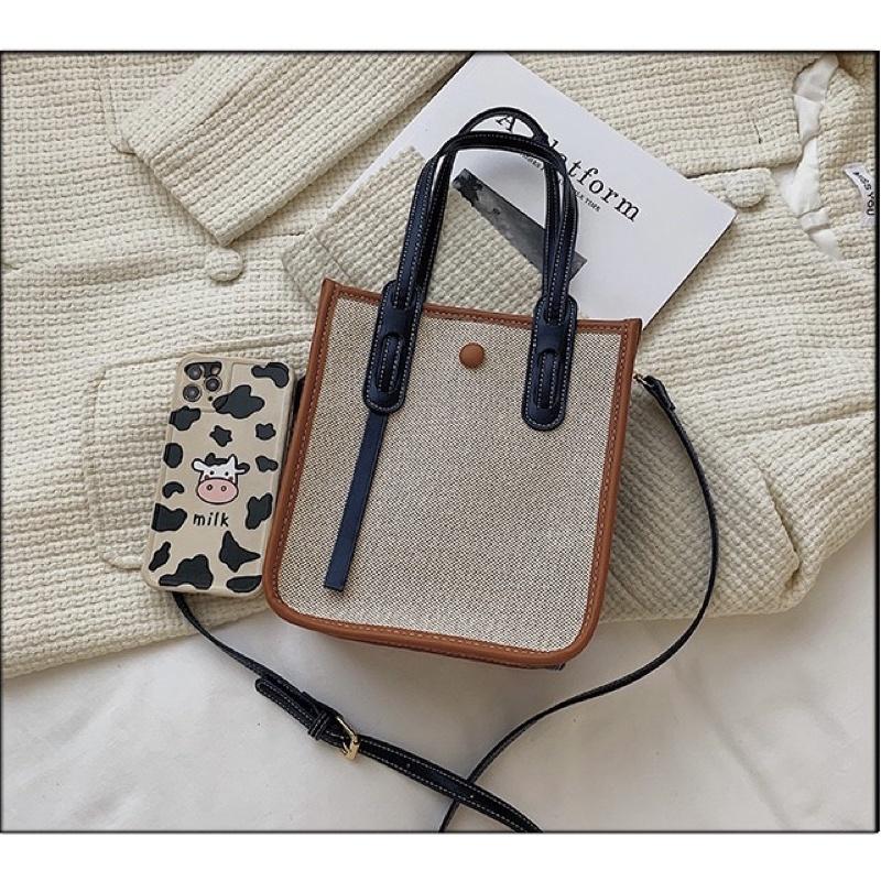 新款拼接PU滾邊帆布手拎肩背兩用包 立體不軟塌 百搭斜挎包時尚設計感單肩包手提托特包 撞色拼色斜紋加厚帆布 肩帶可拆卸-細節圖4