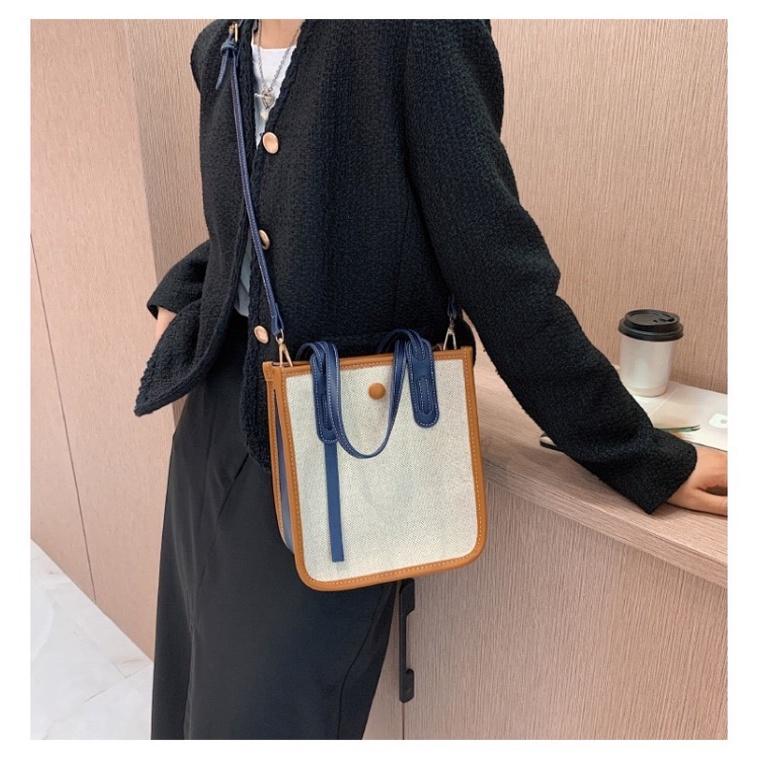 新款拼接PU滾邊帆布手拎肩背兩用包 立體不軟塌 百搭斜挎包時尚設計感單肩包手提托特包 撞色拼色斜紋加厚帆布 肩帶可拆卸-細節圖5