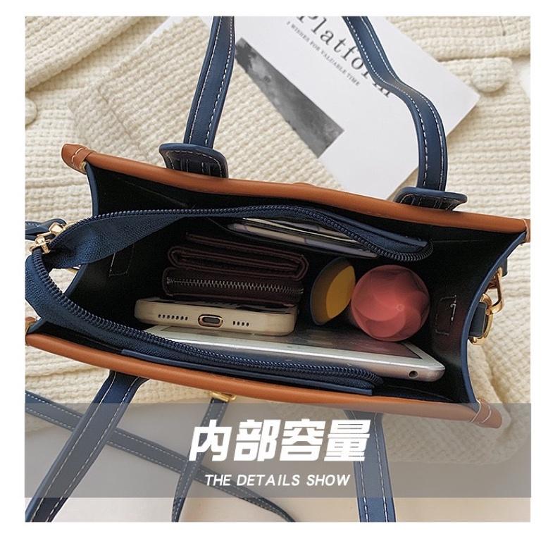 新款拼接PU滾邊帆布手拎肩背兩用包 立體不軟塌 百搭斜挎包時尚設計感單肩包手提托特包 撞色拼色斜紋加厚帆布 肩帶可拆卸-細節圖6