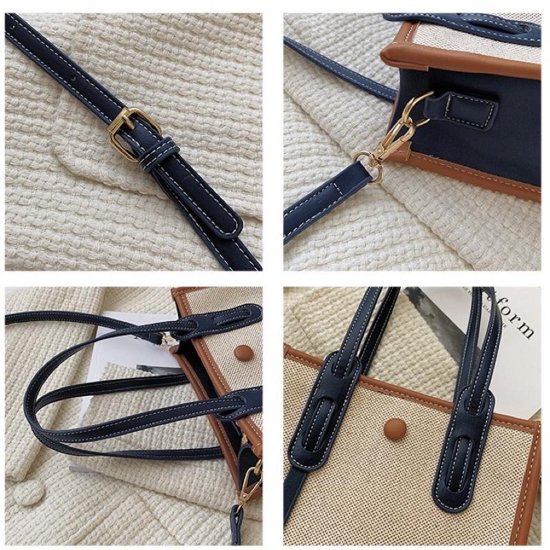 新款拼接PU滾邊帆布手拎肩背兩用包 立體不軟塌 百搭斜挎包時尚設計感單肩包手提托特包 撞色拼色斜紋加厚帆布 肩帶可拆卸-細節圖8