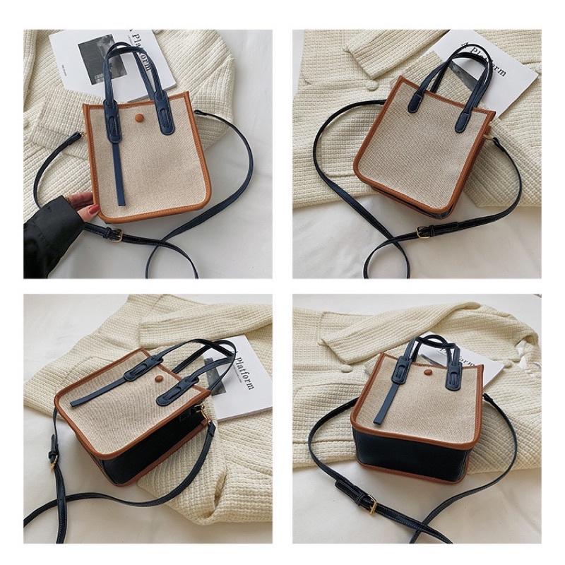 新款拼接PU滾邊帆布手拎肩背兩用包 立體不軟塌 百搭斜挎包時尚設計感單肩包手提托特包 撞色拼色斜紋加厚帆布 肩帶可拆卸-細節圖9