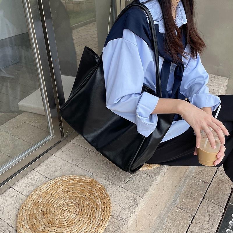 韓國設計款PU單肩包 新款手提大包托特包小眾設計 百搭 大容量 休閒 軟皮質感 A4可放入 公事包-細節圖4