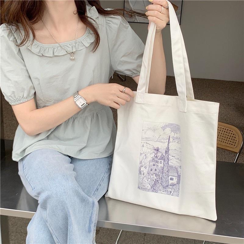 素描鋼筆畫單肩帆布包 小清新感 森林 優雅氣質 復古文藝 簡約 百搭 補習包 磁扣閉合 有拉鍊內袋 韓國 韓版設計-細節圖2