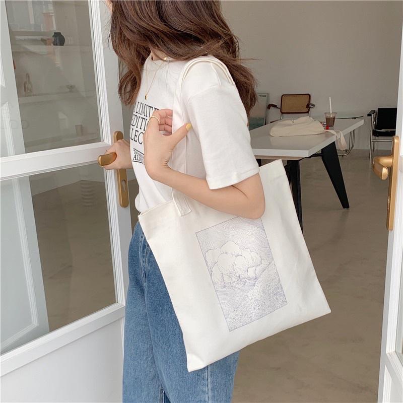 素描鋼筆畫單肩帆布包 小清新感 森林 優雅氣質 復古文藝 簡約 百搭 補習包 磁扣閉合 有拉鍊內袋 韓國 韓版設計-細節圖3