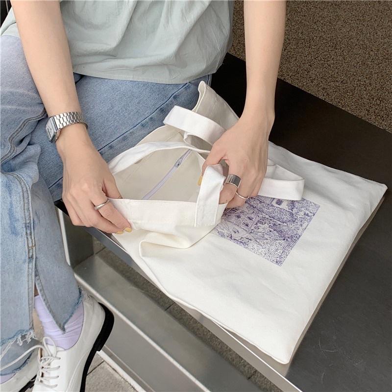 素描鋼筆畫單肩帆布包 小清新感 森林 優雅氣質 復古文藝 簡約 百搭 補習包 磁扣閉合 有拉鍊內袋 韓國 韓版設計-細節圖9