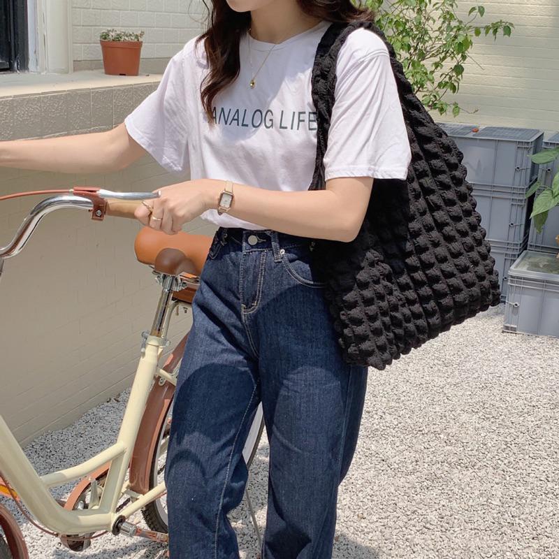 新款雲朵泡泡造型單肩包 泡芙背心包簡約皺摺感 洋氣手提包 雪紡紗帆布包 輕量款 雙層 附內袋收納 莫蘭迪色系 素色-細節圖6